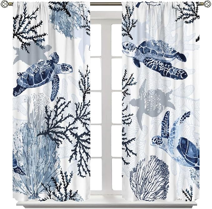 Coastal Nautical Curtains, Turtle Beach Sea Seashell Theme Pattern Blackout Print Home Bedroom Living Room Window Treatmen 2 Panel Set 52x84 Inch