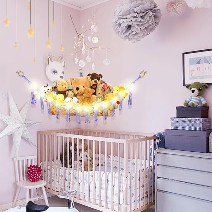 Stuffed Animal Hammock with LED Light, Large Stuffed Animals Storage Corner Plushie Net for Kids Room Decor, Purple