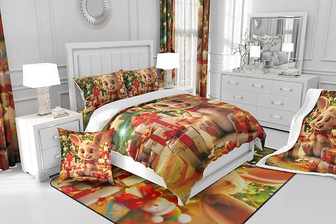 Cartoon Rabbit Bedding Set Full Size,Merry Christmas Comforter Set for Kids Boys Girls Room Decor,Christmas Tree Star Snowflake Duvet Insert 3Pcs,Cute Animal Xmas Fashion Quilt Set,2 Pillowcases