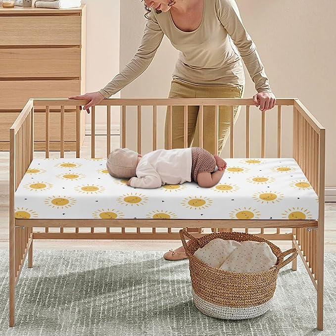 Suns Hearts Fitted Crib Sheet for Boys Girls Yellow Sun and Little Heart Baby Sheet for Standard Crib and Toddler Cute Sunshine Nursery Bed Mattress Sheets 28"x52"