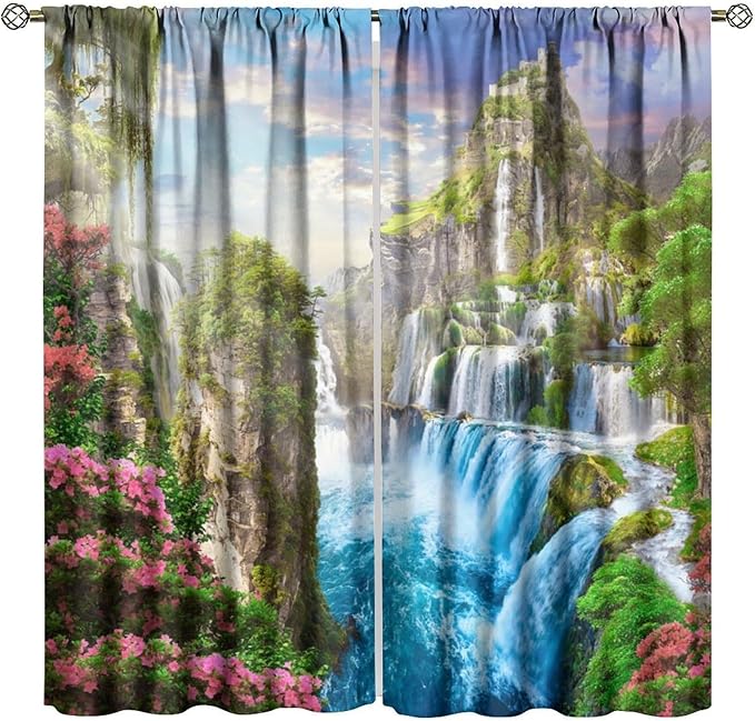 Forest Waterfall Blackout Curtain, Watercolor Tropical Jungle Waterfall Spring Flower Natural Scenery Pattern Window Drapes, for Bedroom Living Room 42" W X 54" L