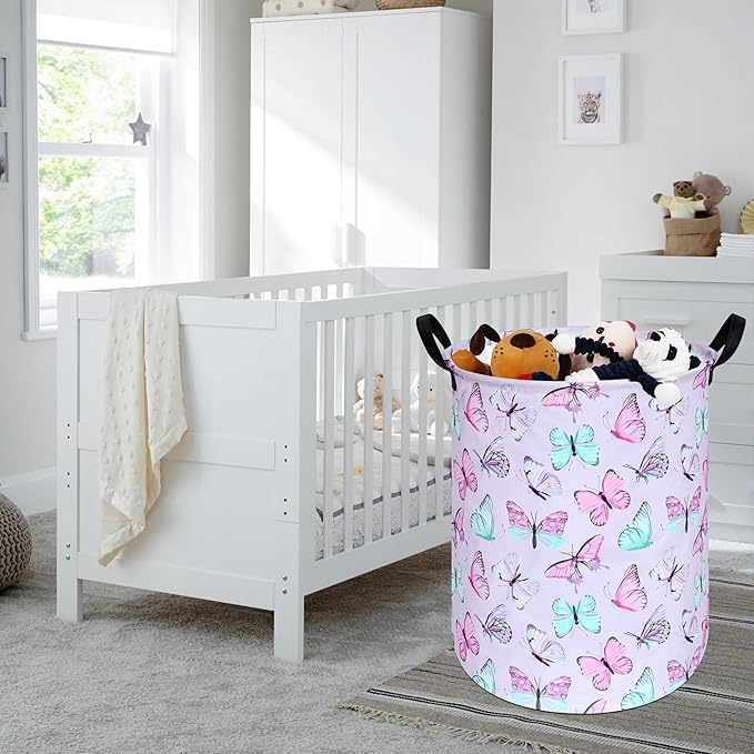 KUNRO Round Laundry Gift Basket Storage Hamper, Kids Toys and Clothes Storage Organizer Bins, Toy Shelf Basket with Handles for Room Decor (Purple Butterfly)