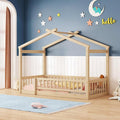 Merax Twin Size Wooden House Bed with Fence, Wood Bed Frame with Roof and Safety Guardrail for Kids, Teens, Boys or Girls, Natural