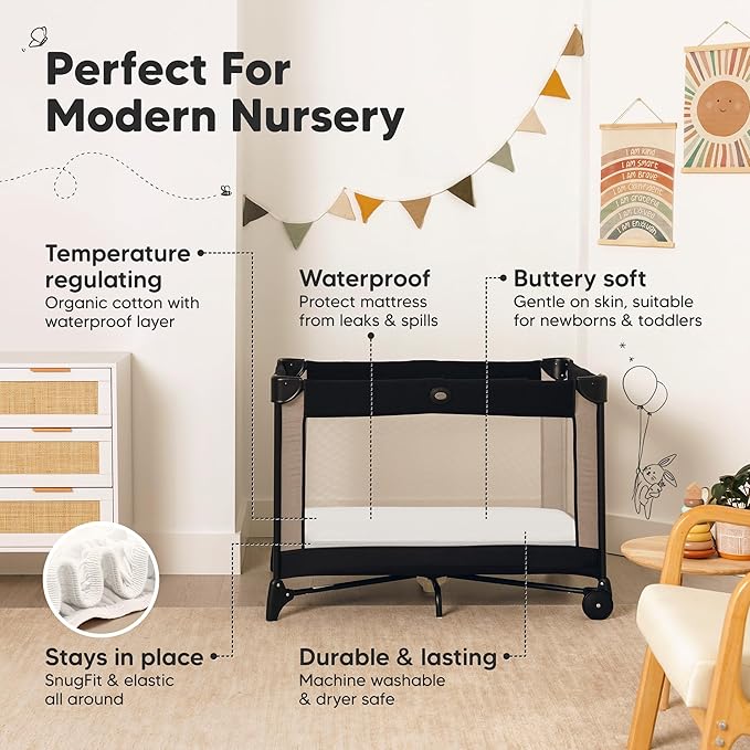 2-Pack Pack and Play Sheets, Waterproof Mini Crib Sheets Fitted - Organic Cotton Pack N Play Sheets for Graco Pack and Play Mattress, Playard Baby Crib Sheets,Neutral for Boy,Girl,Toddler (Soft White)