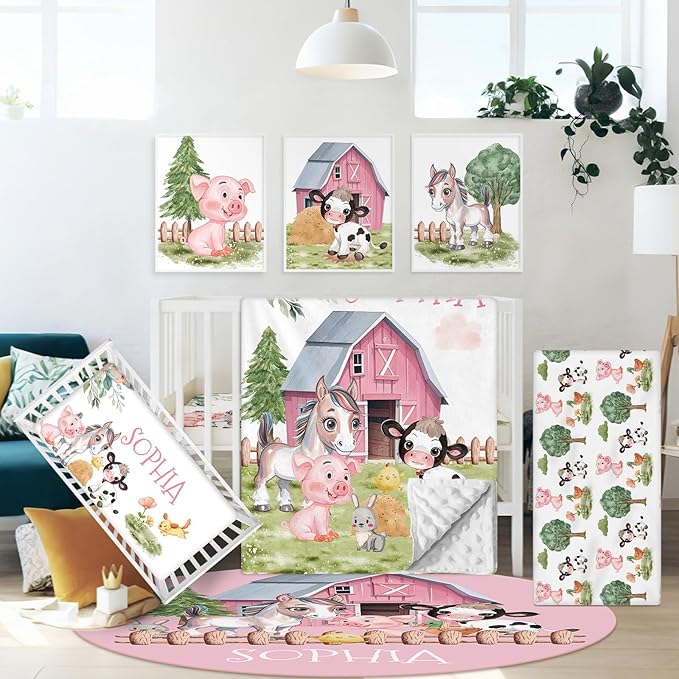 Personalized Baby Crib Bedding Set, 5 Pcs Custom Name Nursery Bedding Set for Baby Boys Girls, Farm Animals Crib Set, Double Layer, Toddler Crib Bedding, Infant Newborn Customized Gifts