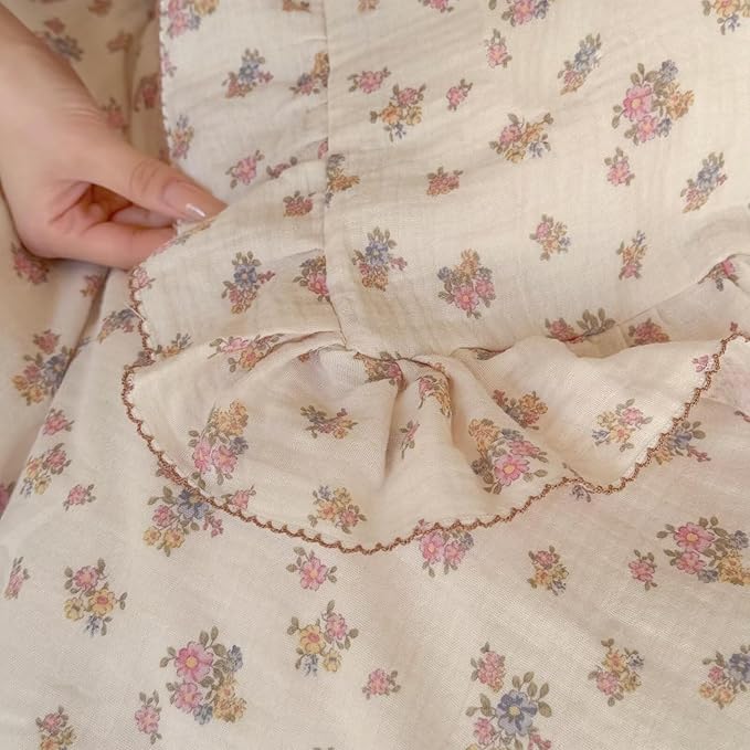 BuLuTu Chic Shabby Tuberose Floral Duvet Cover Queen, Double-Layer Cotton Muslin Comforter Cover Kids Teens Bedding Ruffles Quilt Covers for All Seasons, 90"x90", Zipper Closure, No Pillow