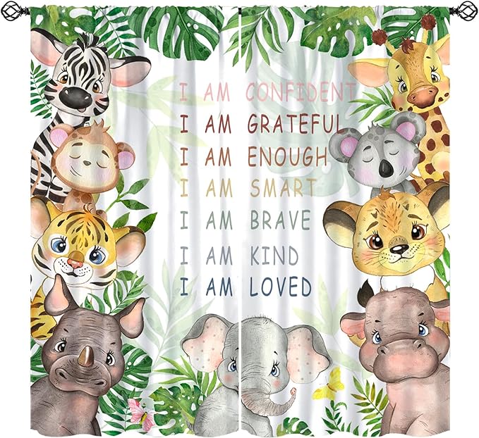 Cartoon Safari Animal Curtains Cute Watercolor Wildlife Jungle Window Treatments for Kids Boys Girls Bedroom Living Room Inspirational Motivational Quotes Nursery Children Drapes W42xL45"(Decor)