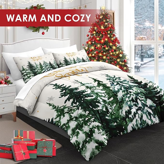 7 Pcs King Size Christmas Comforter Set with 2 Pillowcases & 2 Shams, Countryside Nature Snowy Bedding for Kids and Adults, Winter Forest Green Pine Tree Bed in a Bag with Flat Fitted Sheet