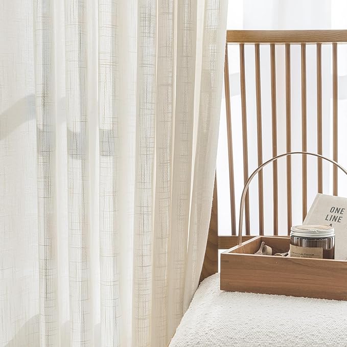 FMFUNCTEX Linen Semi Sheer Curtains 108 Inches Extra Long for Bedroom Living Room, Beige Curtain Panels Sheer Linen Textured Window Drapes Farmhouse Light Filtering Natural 2 Panels Rod Pocket