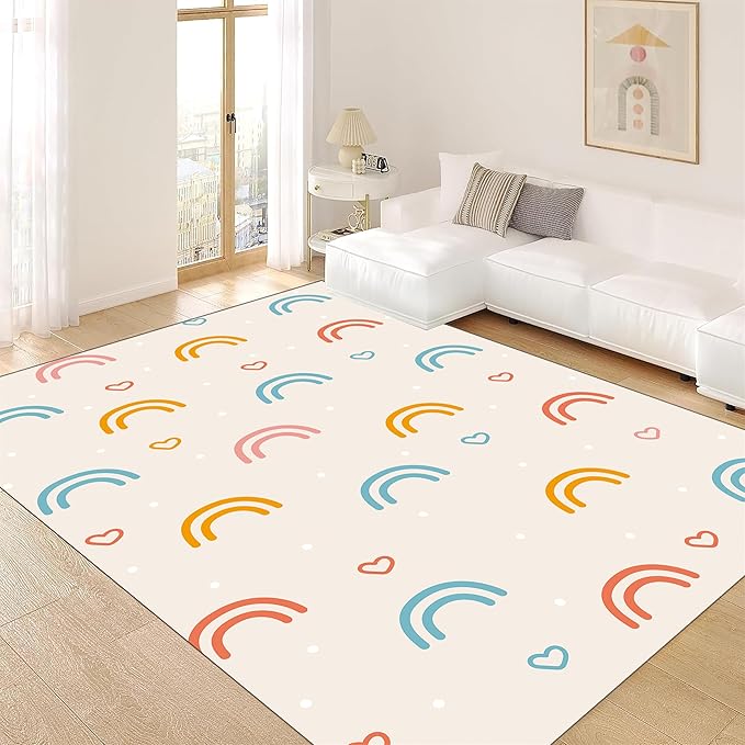 Children's Rainbow Carpet - 5x7ft, Soft, Washable, Anti-Slip, Lovely Print for Girl's Bedroom, Living Room, Nursery Decoration