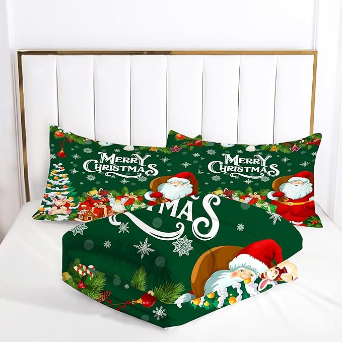 Comforter Set Green Christmas: King Size Merry Xmas Santa Claus Bedding Sets Christmas Tree Snowflakes Quilts for Adults Women Men New Year Decor Bed Set 1 Comforter & 2 Pillowcases