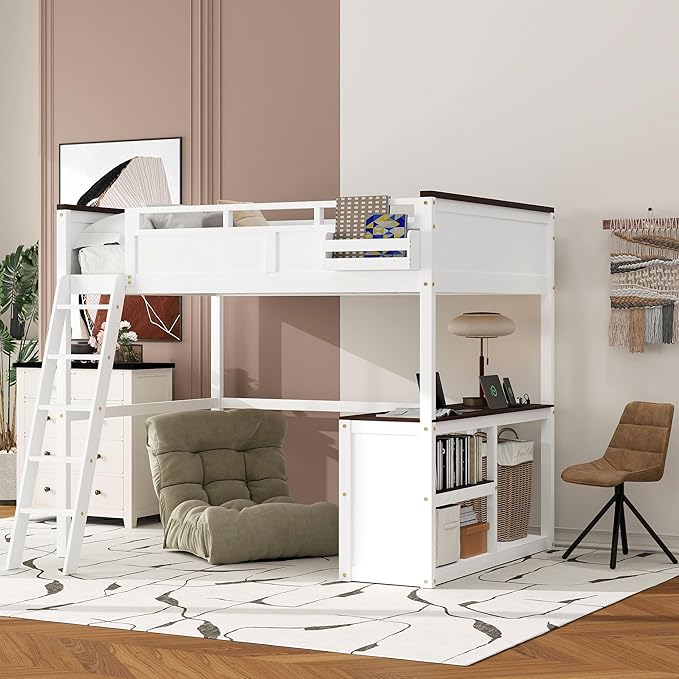 Bellemave Queen Loft Bed with Desk, Queen Size Loft Beds with Storage Shelves for Kids Adults Boys Girls Teens, White