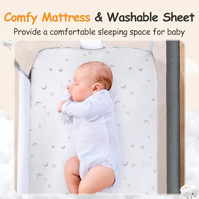 Ezebaby Bedside Bassinet for Baby, Portable Baby Bassinet Bedside Sleeper for Newborn Infants with Wheels Storage Basket, Adjustable 7 Heights and All Mesh Sides