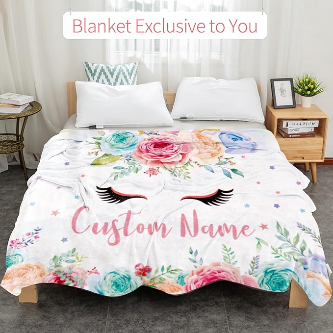 Personalized Horse Blanket with Name for Girl, Custom Name Blanket for Kids, Soft Flannel Pink Horse Toddler Blanket Customized Gift for Birthday Christmas Baby Shower Newborn Gift 60" X 80"