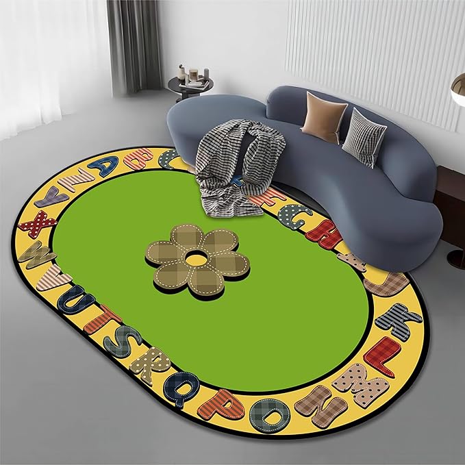 Children's Area Rugs, 4x5ft, Educational And Fun Rugs with ABC Alphabet, Early Learning Rug for Playroom Game Activity, Plaid Floral Non-Slip Soft Indoor Play Mat for Bedroom Nursery, Oval Rug