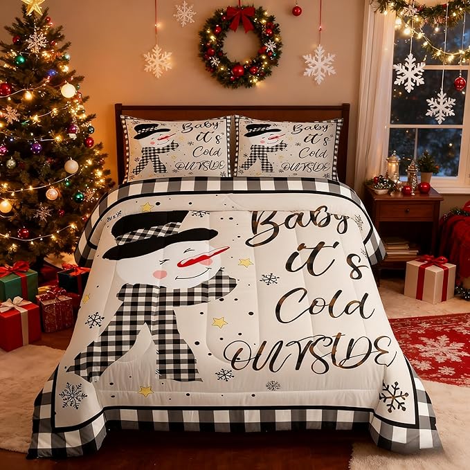 Kids Christmas Snowman Comforter Set Full Size,Snowflake Winter Bedding,Girls Boys Adults Bedroom/Xmas Cabin Decor,Geometric Grids Lattice Down Comforter,Rustic Vintage Duvet Insert,2 Pillowcases
