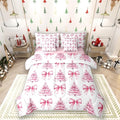 Manfei 7 Pieces Pink Bowknot Kids Comforter Twin,Christmas Trees Pine Bow Tie Toddler Bedding Set,Merry Christmas Happy New Year Xmas（Comforter+Fitted+Flat Sheet+2 Pillowcases+2 Throw Pillow Covers）