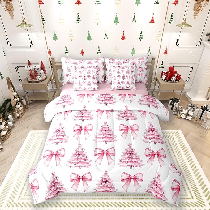 Manfei 7 Pieces Pink Bowknot Kids Comforter Twin,Christmas Trees Pine Bow Tie Toddler Bedding Set,Merry Christmas Happy New Year Xmas（Comforter+Fitted+Flat Sheet+2 Pillowcases+2 Throw Pillow Covers）