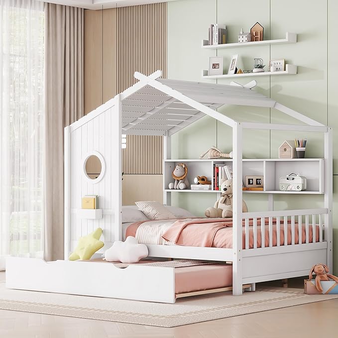 Full Size Bed Frames for Kids, House Bed with Trundle and Shelves, Wood Playhouse Platform Bed Frame with Window and Fence for Boys Girls, White, 74.4" L x 58" W x 72" H