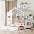 Harper & Bright Designs Full Size Modern House Bed with Roof, Wooden Twin Kids House Bed Frame with Trundle and Storage Shelf, White