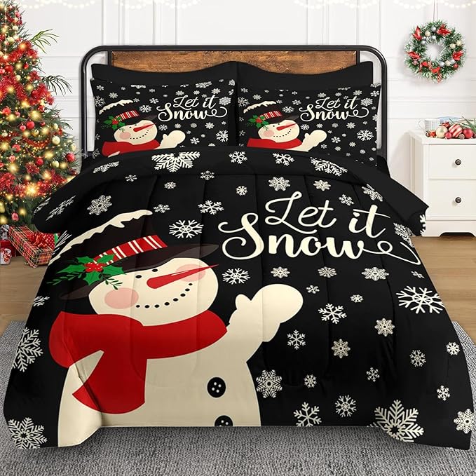 5 Pcs Twin Size Christmas Comforter Set with Pillowcase & Sham, Black Cartoon Snowman Bedding for Kids and Adults, Retro Snow Scene Bed in a Bag with Flat Fitted Sheet