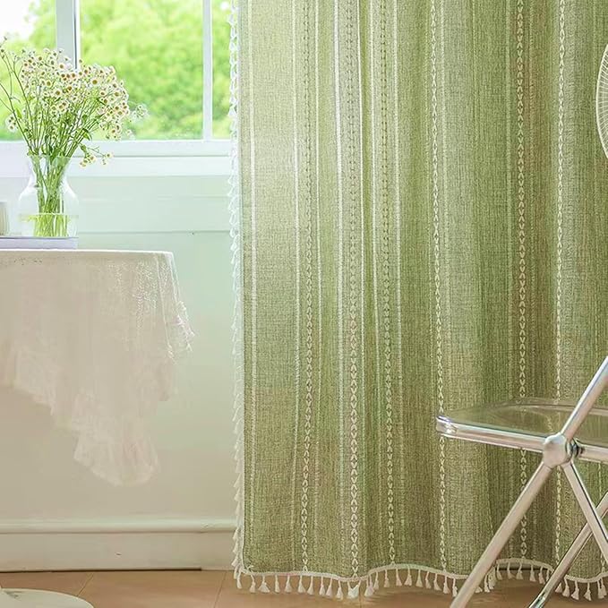 Deeprove Green Boho Curtains 108 Inches Long for Bedroom Living Room, Farmhouse Bohemian Embroidery Hollow Cotton Linen French Rustic Window Treatment Tassel Privacy Drape, W52 x L108 1 Panel