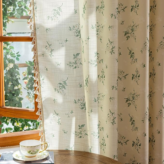 ENJOYBRIDAL White Floral 84 Inch Curtains 2 Panel Set Bedroom Tassel Drapes Boho Decor Semi Sheer Living Room Window Curtain Panels Rod Pocket Patterned Cute Rustic Window Treatments
