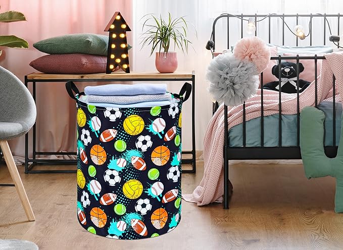 KUNRO Basketball Football Laundry Gift Basket Storage Hamper, Kids Toys and Clothes Storage Organizer Bins, Toy Shelf Basket with Handles for Room Decor (Sport-Balls)