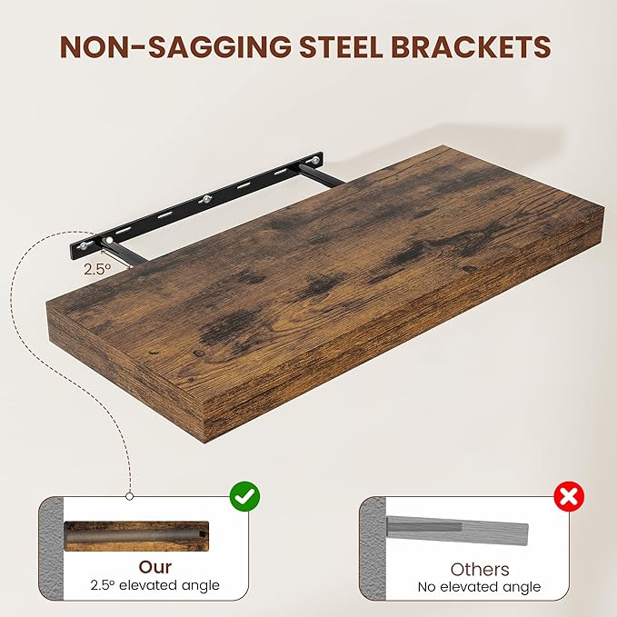 Vivelove 12" Deep Floating Shelves 24/36/48/55" Long, Wall Shelves for Living Room Bedroom Bathroom Kitchen Laundry Room, Farmhouse Rustic Shelves for Home Decor, 48" X 12" X 2" Set Of 2, Rustic Brown