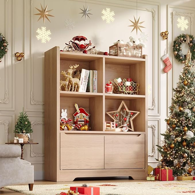 Kids Bookshelf and Toy Organizer, 2 Tier Kids Book Shelf for Kid Rooms with 2 Doors, 4 Cubes Storage Organizer,Wood Children Bookcase,Freestanding Toddler Book Display Shelf for Playroom