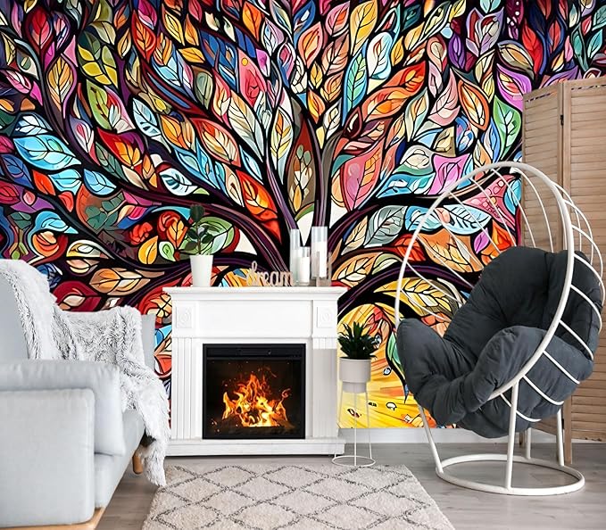 XMPMBM-Vintage Abstraction Art Forest backsplash Large Decorative Wallpaper Colorful Graffiti Tree Bedroom Bathroom Wall Mural- W 154" X H 105"（112 Square Foot）