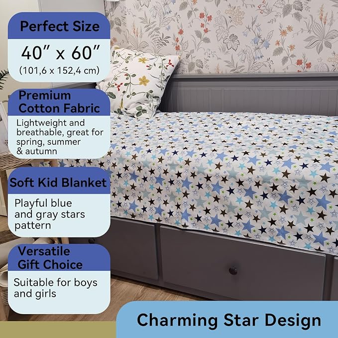 Kids Throw Blanket – Soft Cotton Toddler Blanket with Blue & Gray Stars Pattern, Breathable Lightweight Bed Throw with Stitched Edges, 40 x 60 in (101.6 x 152.4 cm)