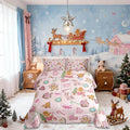 Merry Christmas Kid Comforter Set Full Size,Gingerbread Man Elk Deer Bowknot Bedding Set,Room Decor,Cute Girly Bow Tie Xmas Tree Quilt Comforter,Pink Colorful Duvet Set Bedroom Quilt Set,2 Pillowcases