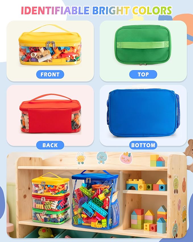 4 Pack Toy Storage Bags with Clear Windows, Toy Organizer Bags for Blocks, Magnetic Building Tiles, Dolls, 4 Piece Set (Blue + Orange + Green + Yellow)