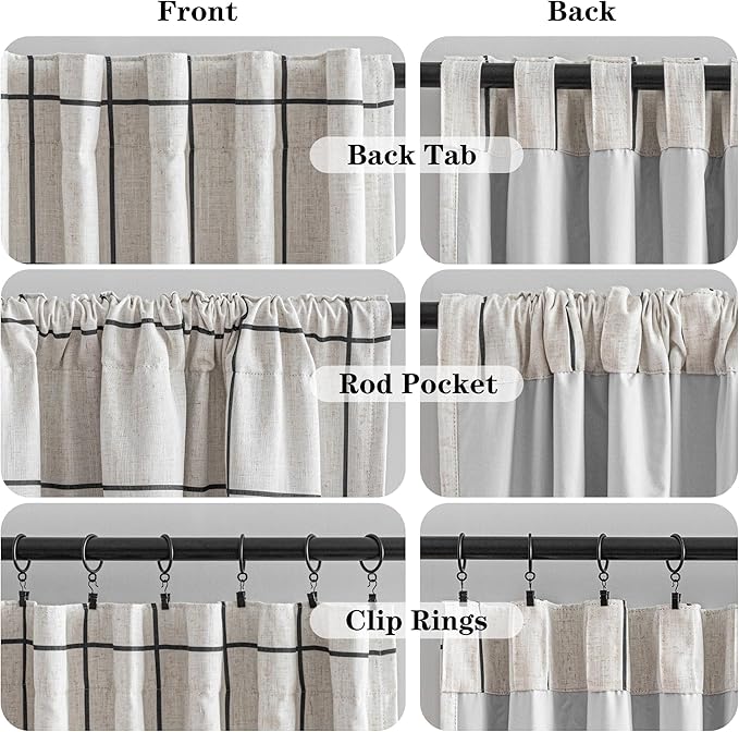 MYSKY HOME 100% Blackout Plaid Farmhouse Linen Curtains 84 Inch Long 2 Panels Set for Living Room Double Layer Windowpane Drapes Thermal Insulated Privacy Protection Rod Pocket Back Tab, 52" W, Black