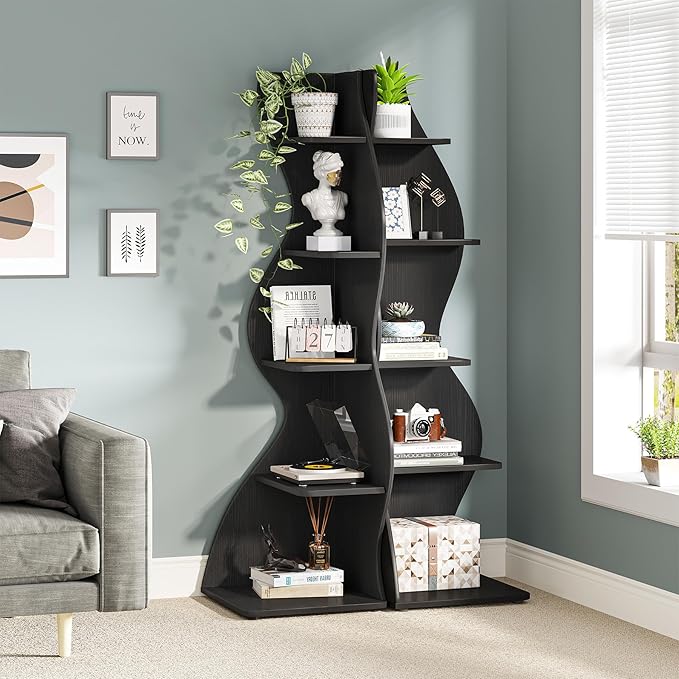 Tribesigns Corner Shelf, Modern 5-Tier Wall Corner Bookshelf, Stylish Corner Small Bookcase Storage Rack Plant Stand with Unique Shape for Living Room, Home Office, (2PCS, Black)