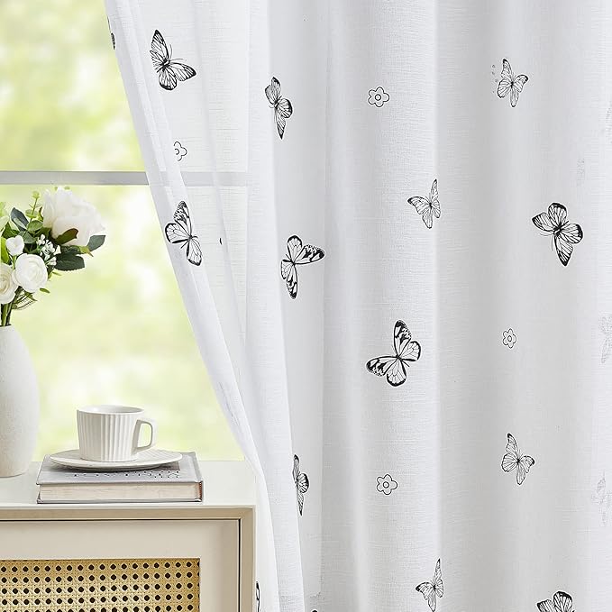 Jubilantex White Sheer Curtain Panels Black Butterfly Floral Pattern Design Drapes 63 Inches Long, Girls Kids Bedroom Textured Window Curtains Light Filtering Rod Pocket Top Drapery, Set of 2