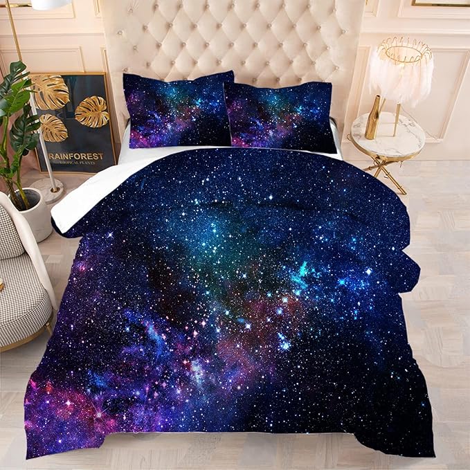 kxry Blue Purple 3D Galaxy Comforter Set Queen Size Outer Space Starry Sky Universe Bedding Sets for Girls Teens Kids 1 Comforter + 2 Pillow Cases