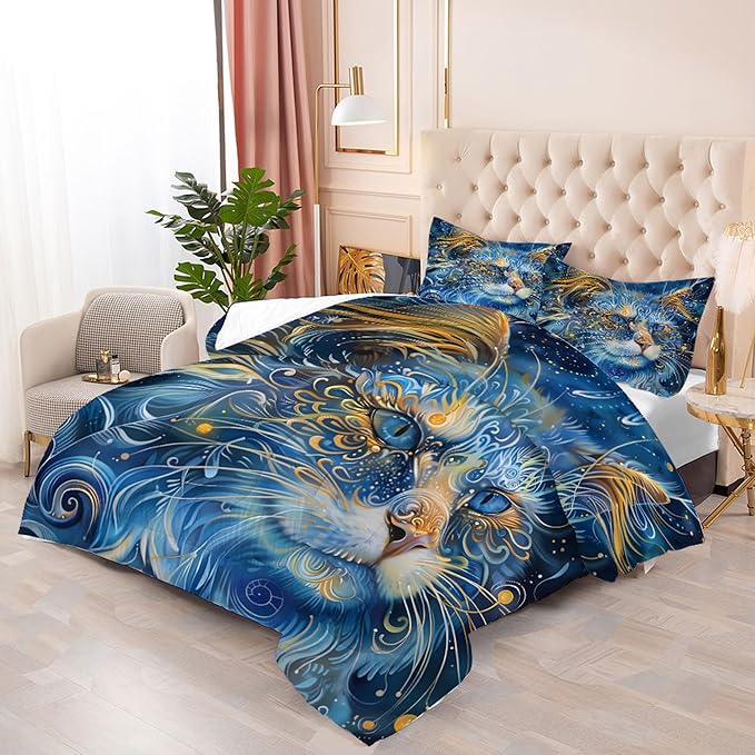 Cat Comforter Set Twin: Blue Exotic Cat Bedding Set for Kids Teens Girls Boys Room Decor Boho Mandala Ethnic Kitten Quilt Bed Sets 1 Comforter & 1 Pillowcase