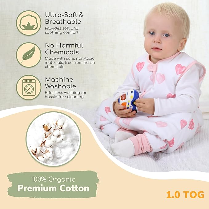 Mama Cheetah Toddler Sleep Sack with Feet 6-18 M, 1.0 TOG Organic Cotton Baby Sleeping Bag with Legs, Baby Wearable Blankets for Walkers w/ 2-Way Zipper, Sleep Sack for Girls & Boys, Early Walker