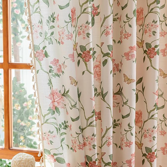 ENJOYBRIDAL Pink Floral 96 Inch Curtains for Bedroom Living Room Drapes Semi Sheer Boho Rod Pocket Long Window Curtains 2 Panel Sets Farmhouse Light Filtering Vintage Cute Window Treatments