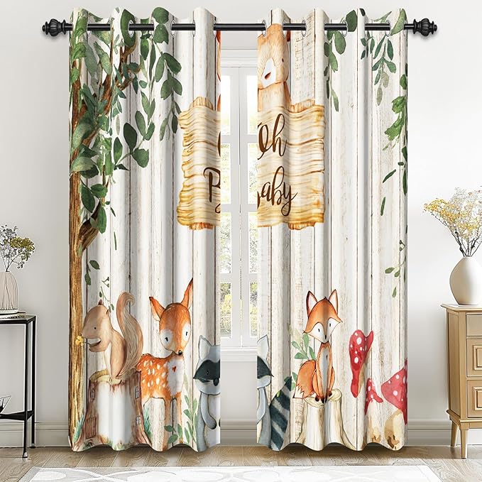Renaiss 42 x 96 Inch African Safari Baby Curtains Grommet Blackout Window Curtain Planks Animals Tropical Tree Stump Fox Squirrel Mushrooms Print Window Treatment for Kids Boys Bedroom Decor 2 Panels
