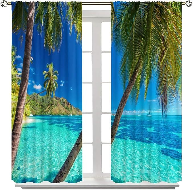 Ocean Beach Curtains,Sunshine and Beach Hawaiian Seaside Scene Pattern Blackout Print Home Bedroom Living Room Window Treatments 2 Panel Set 42x63 Inch