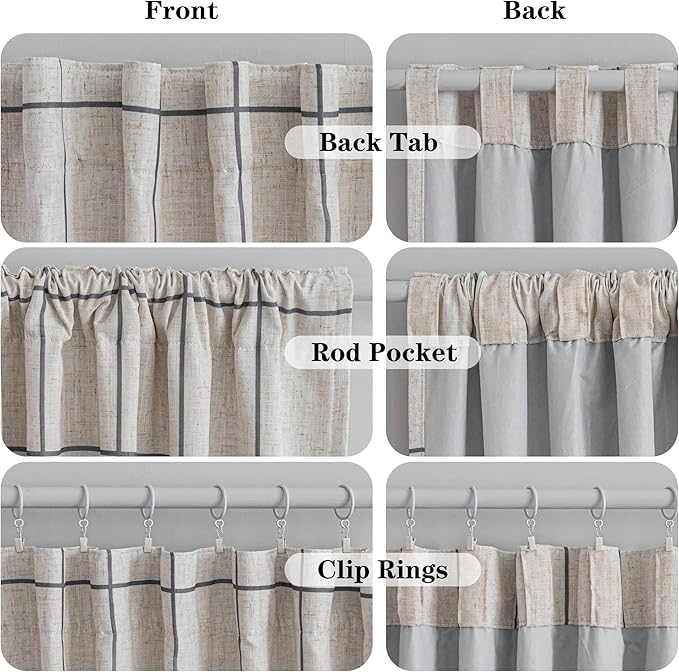 MYSKY HOME 100% Blackout Plaid Farmhouse Linen Curtains 54 Inch Long 2 Panels Set for Small Window Double Layer Windowpane Drapes Thermal Insulated Privacy Protection Back Tab, 52" W, Deep Grey