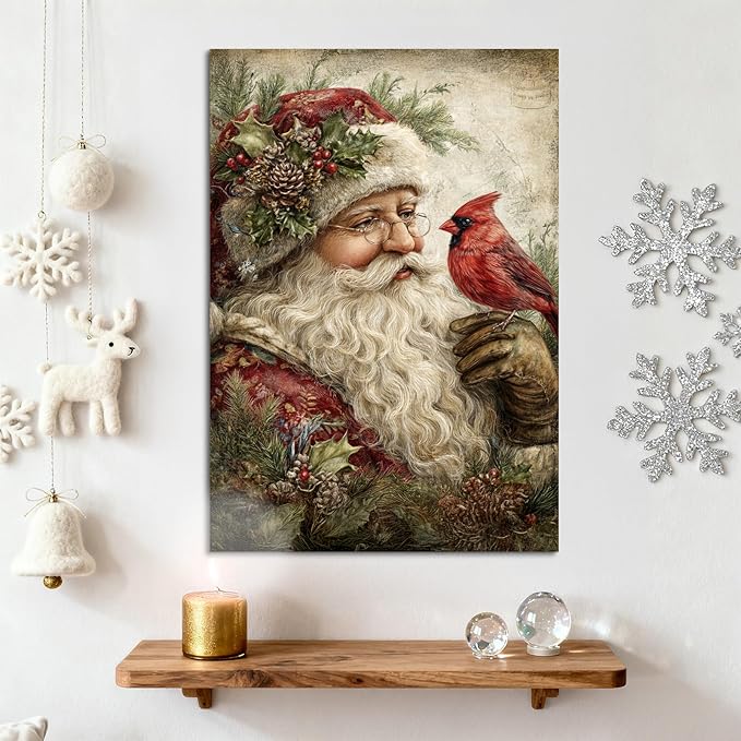 YONICA Christmas Canvas Wall Art Santa with Cardinal 24x36 Inch Vintage Style with Red Bird - Large Framed Gallery Wrapped Wildlife Art