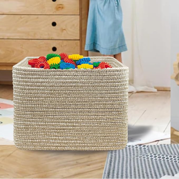 Square Woven Cotton Rope Basket for Organizing, Gift Baskets for Handles, Empty Gift Baskets, Toy Basket for bins|13.5" x 11" x 9.5" home decor for Living Room, Bathroom（Flax and White）