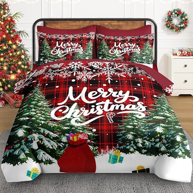 5 Pcs Twin Size Christmas Comforter Set with Pillowcase & Sham, Green Cartoon Trees Bedding for Kids and Adults, Black Red Plaid Bed in a Bag with Flat Fitted Sheet