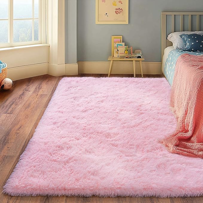 Pink Rug for Living Room, 6x9 Area Rug for Cute Girls Room, Bedside Indoor Floor Fluffy Shag Carpet, Plush Soft Rug for Bedroom Nursery Dorm Home Decor