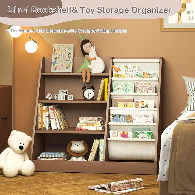 NACHES 4 Tier Kid Bookshelf Wooden 5 Sling Children Bookcase Toddler Montessori Bookcase Book Rack Display Toy Storage Organizer Book Display Shelf Stand Bedroom Nursery Playroom