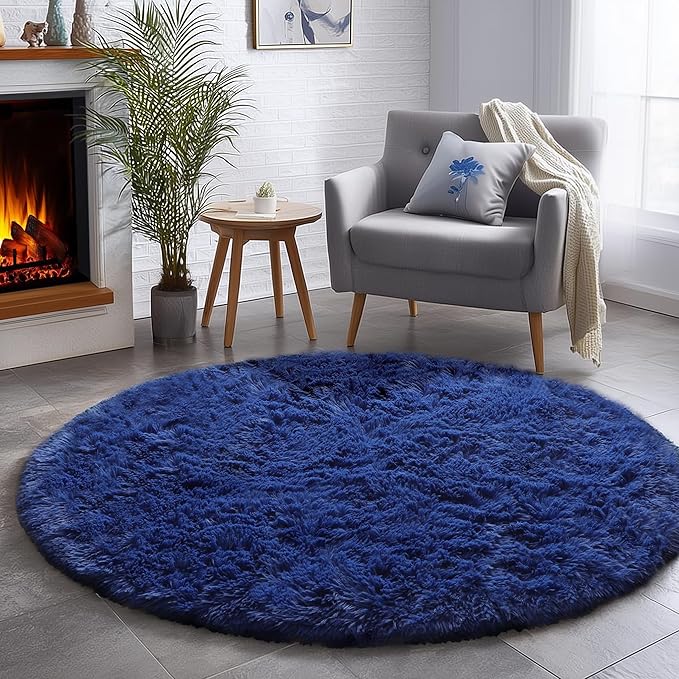 Navy Blue Round Rug 7Ft for Living Room Bedroom, Large Fluffy Fuzzy Circle Area Rugs for Teen Boys Baby Kids, Cute Shaggy Plush Floor Royal Dark Blue Carpet for Dorm Nursery Playroom Decor Aesthetic